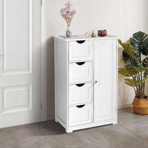 Small Wooden White Storage Cabinet 4 Drawers and 1 Cupboard Adjustable Shelf